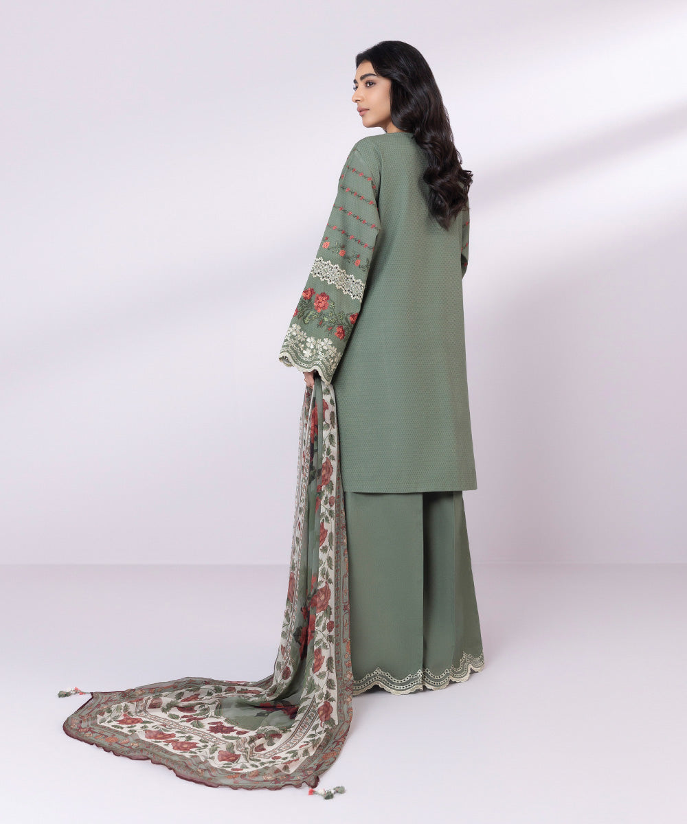 Women's Unstitched Dobby Embroidered Hunter Green 3 Piece Suit