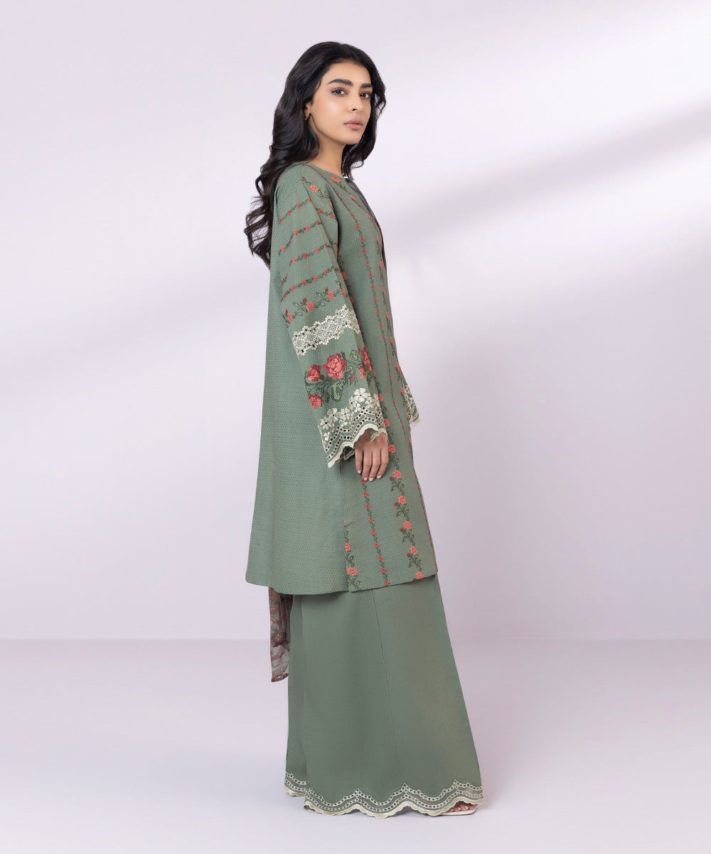 Women's Unstitched Dobby Embroidered Hunter Green 3 Piece Suit