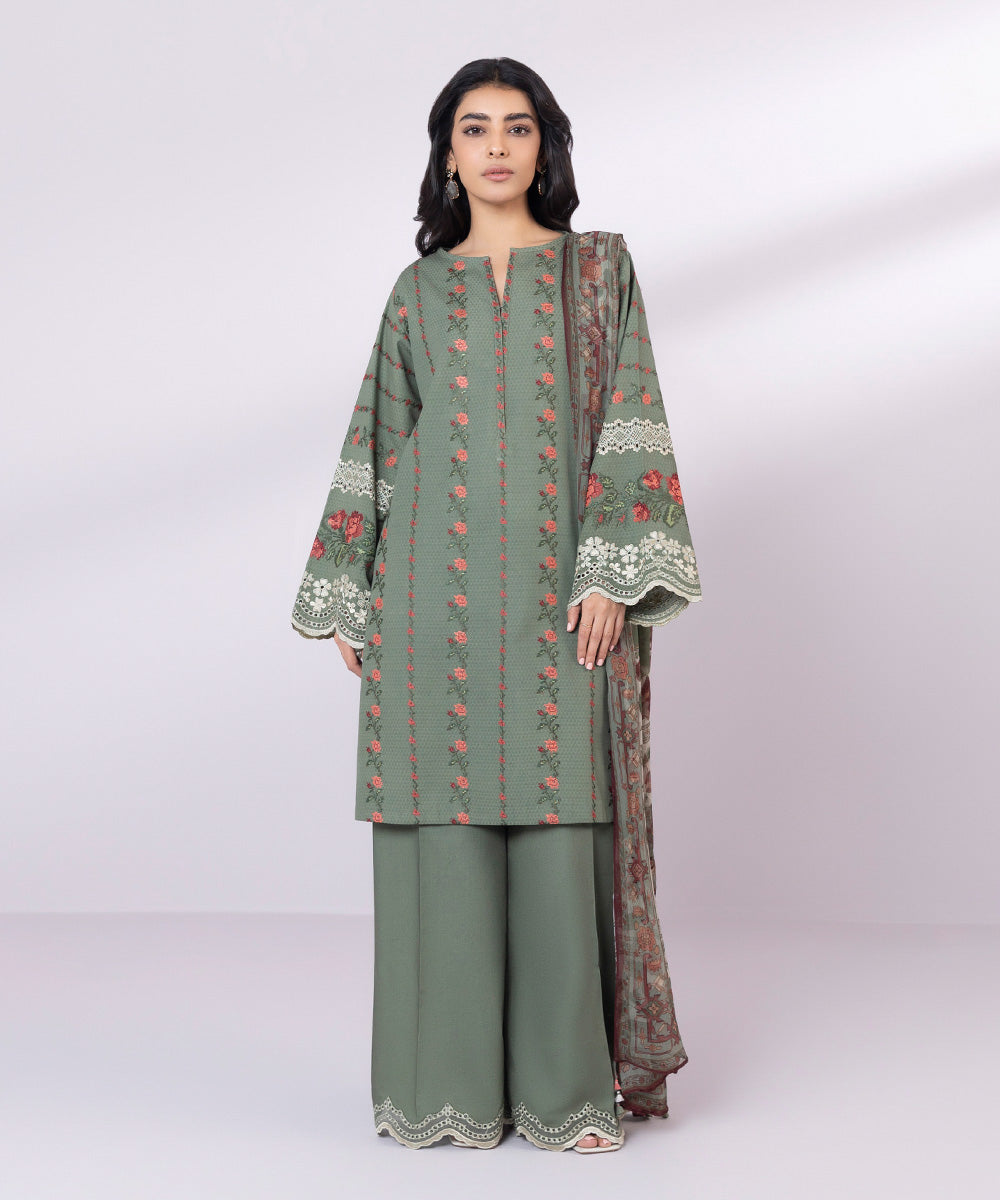 Women's Unstitched Dobby Embroidered Hunter Green 3 Piece Suit