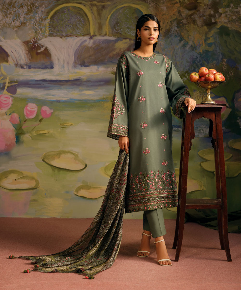 Women's Unstitched Lawn Green Embroidered 3 Piece Suit