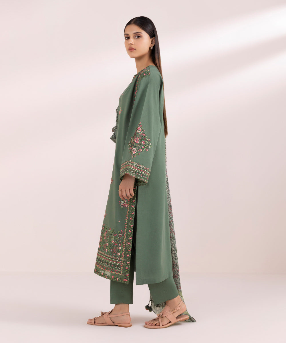 Women's Unstitched Lawn Green Embroidered 3 Piece Suit