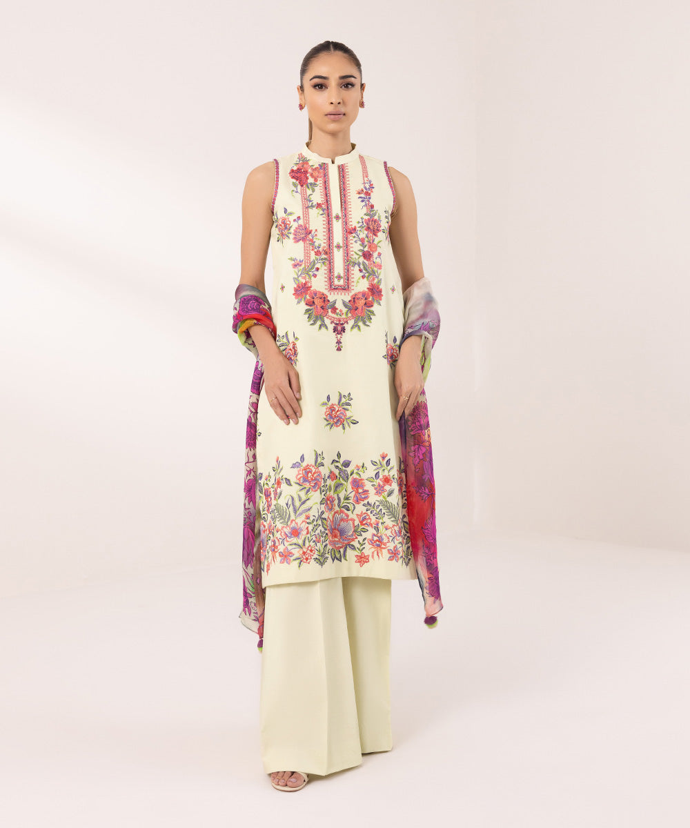 Women's Unstitched Cambric Embroidered Multi 3 Piece Suit