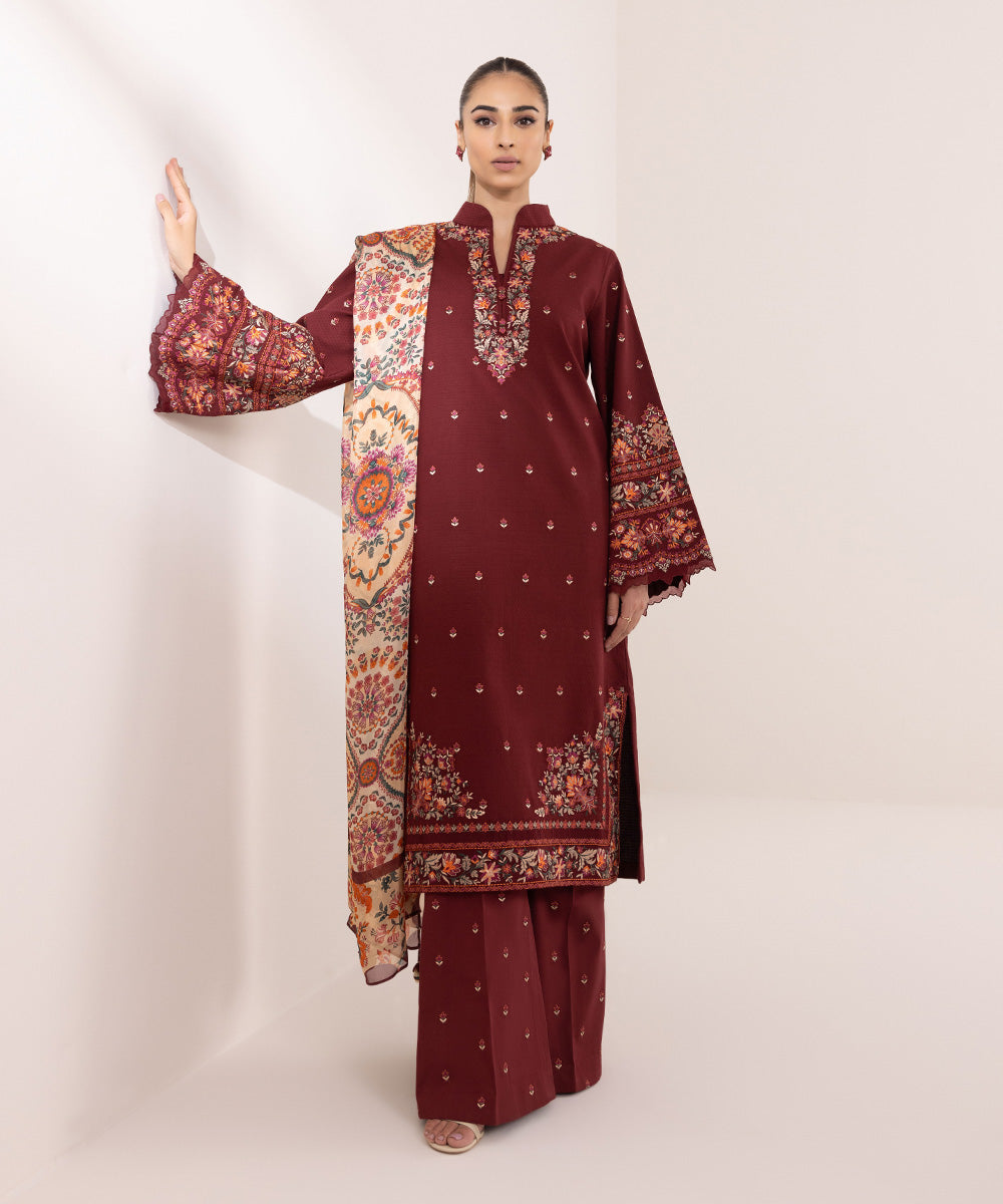 Women's Unstitched Dobby Embroidered Red 3 Piece Suit