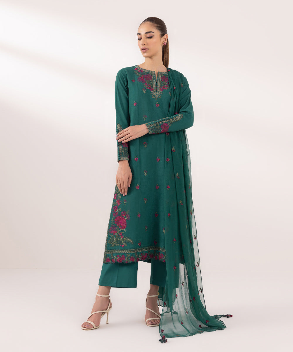 Women's Unstitched Dobby Embroidered Green 3 Piece Suit