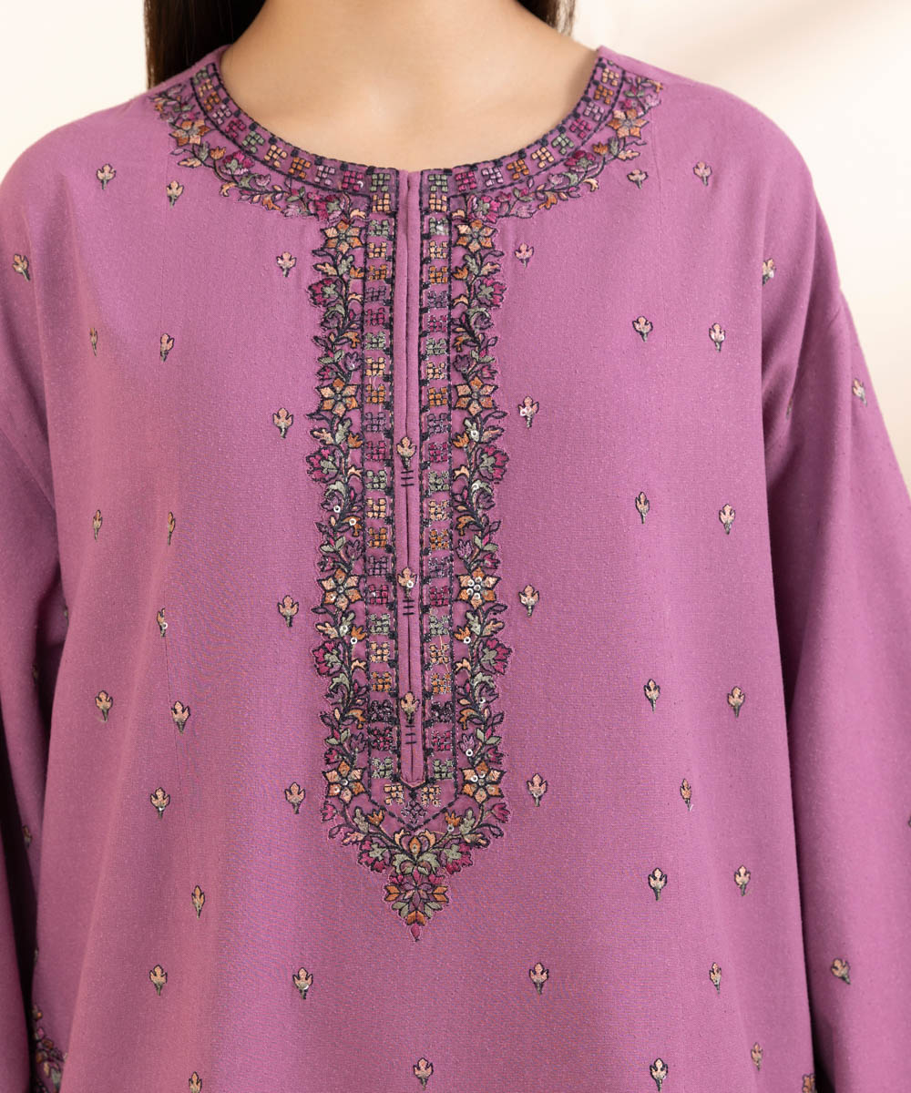 Women's Unstitched Cotton Karandi Embroidered Purple 3 Piece Suit