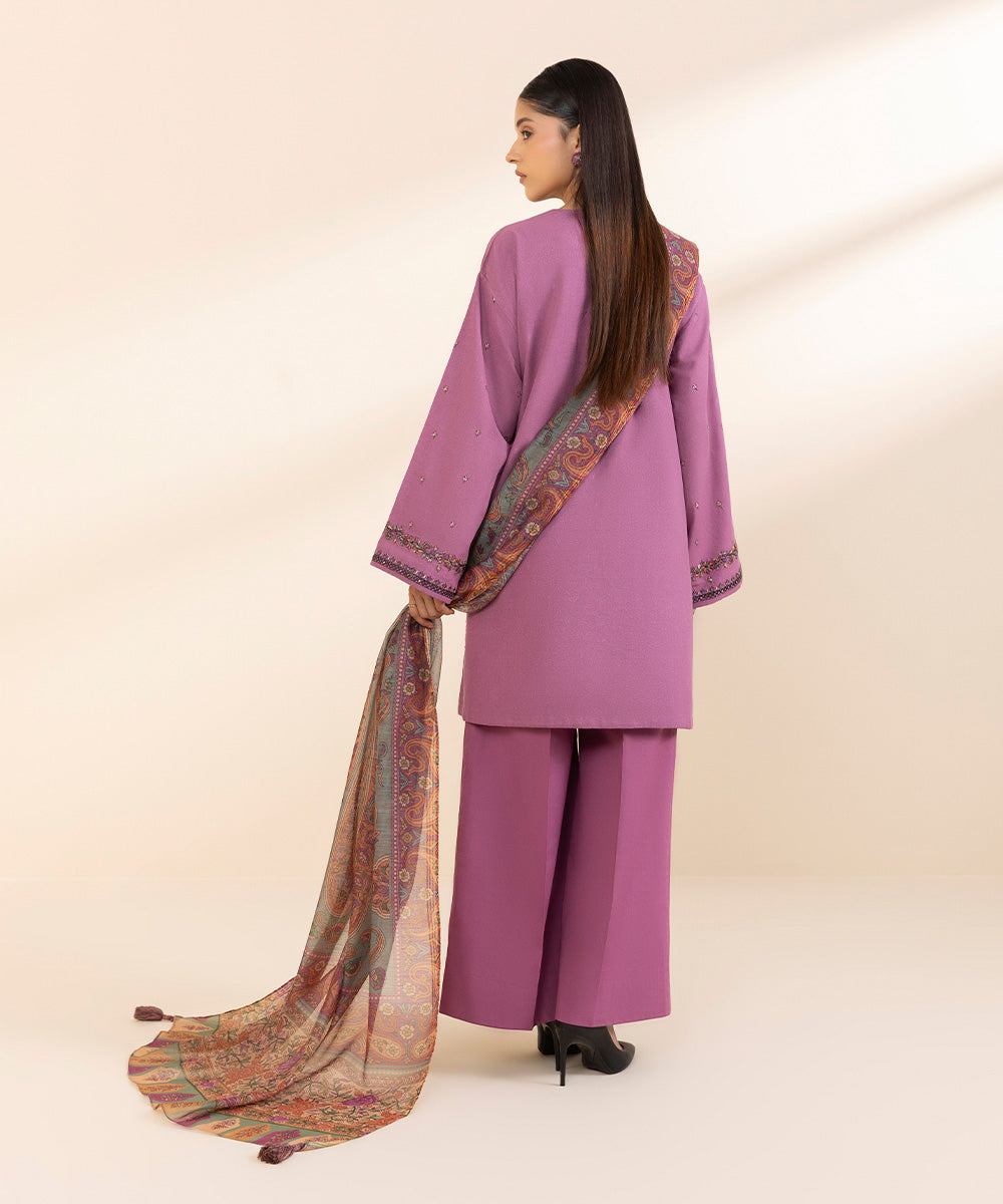 Women's Unstitched Cotton Karandi Embroidered Purple 3 Piece Suit