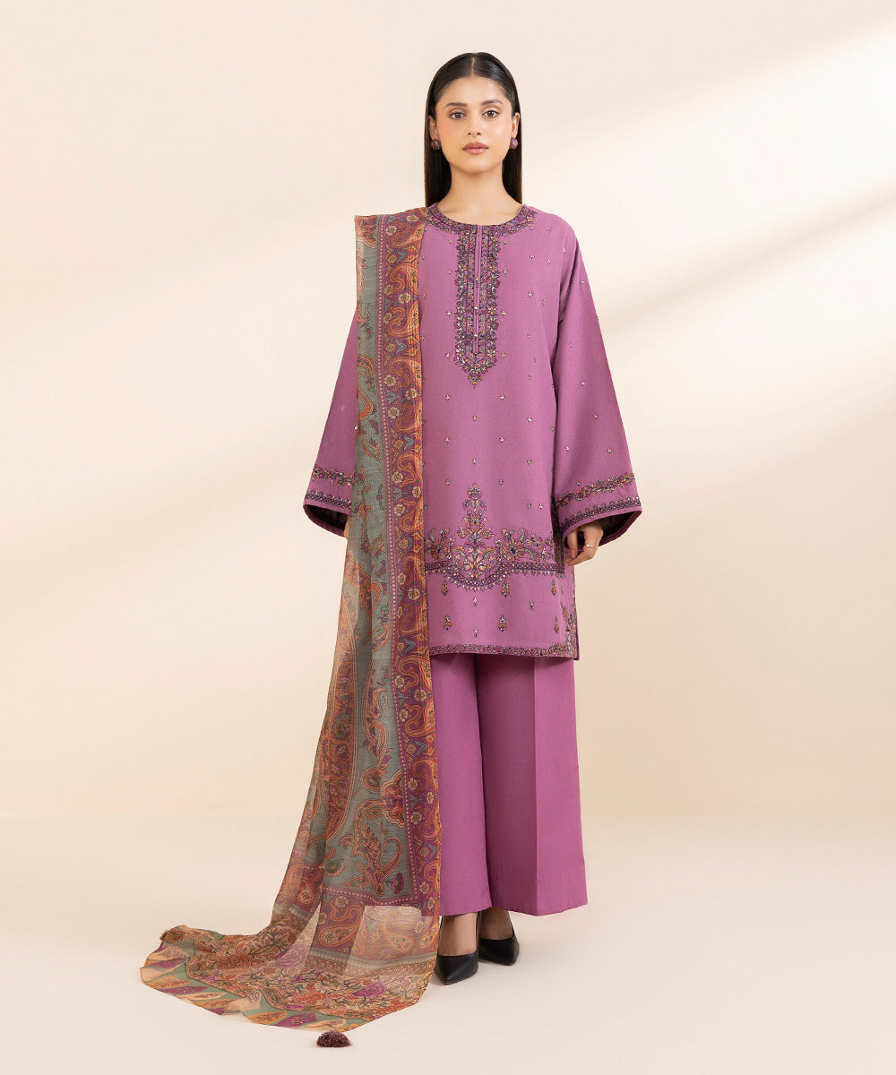 Women's Unstitched Cotton Karandi Embroidered Purple 3 Piece Suit