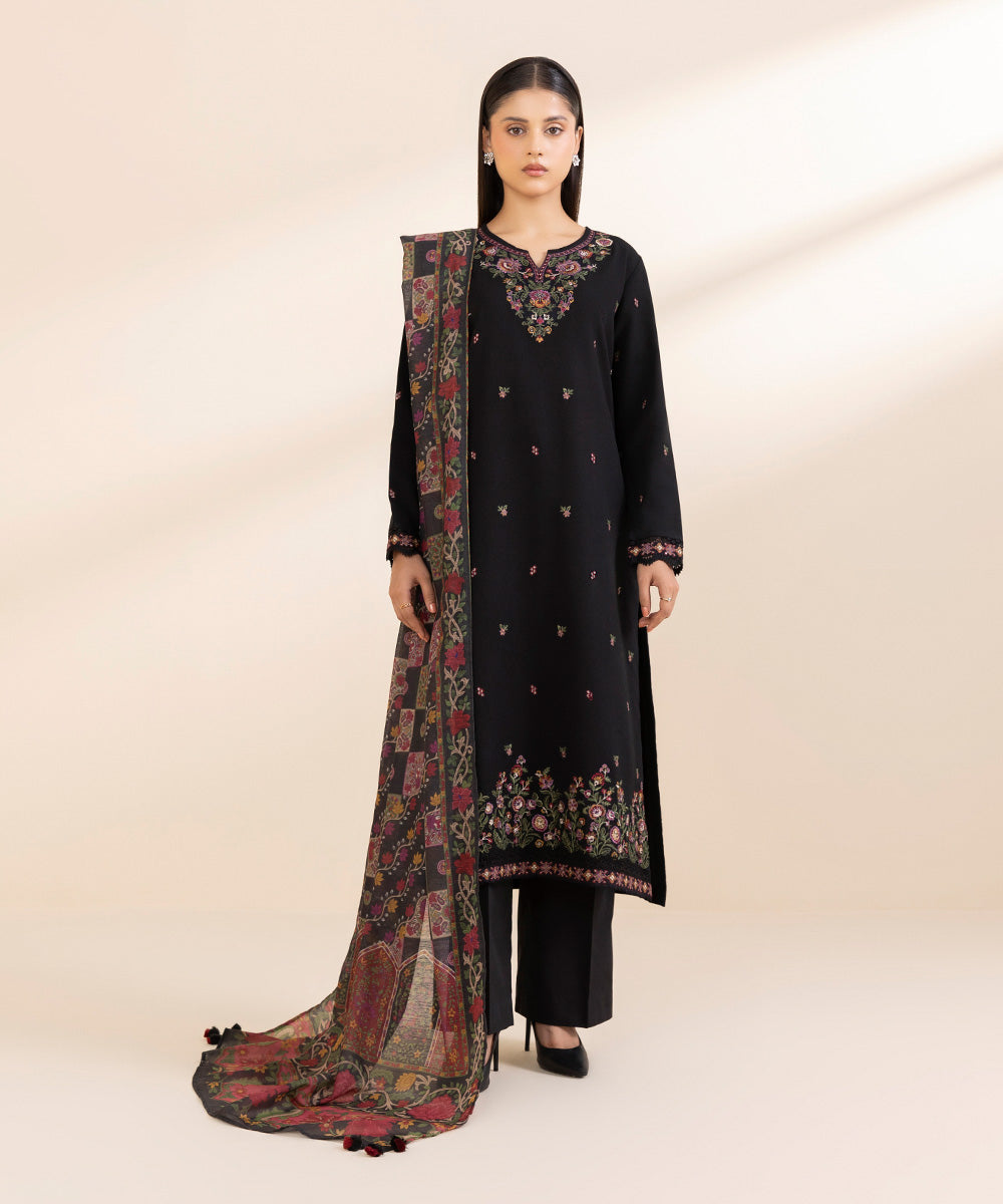 Women's Unstitched Cotton Karandi Embroidered Black 3 Piece Suit