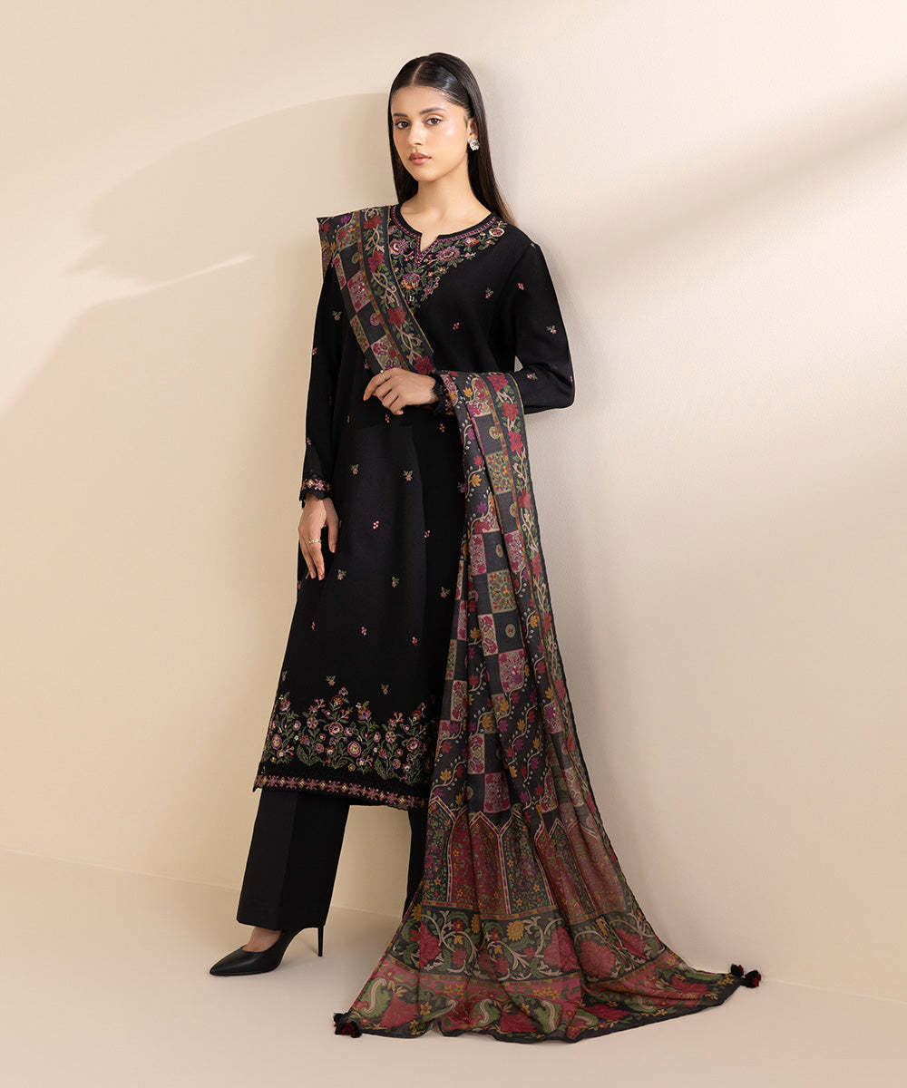 Women's Unstitched Cotton Karandi Embroidered Black 3 Piece Suit