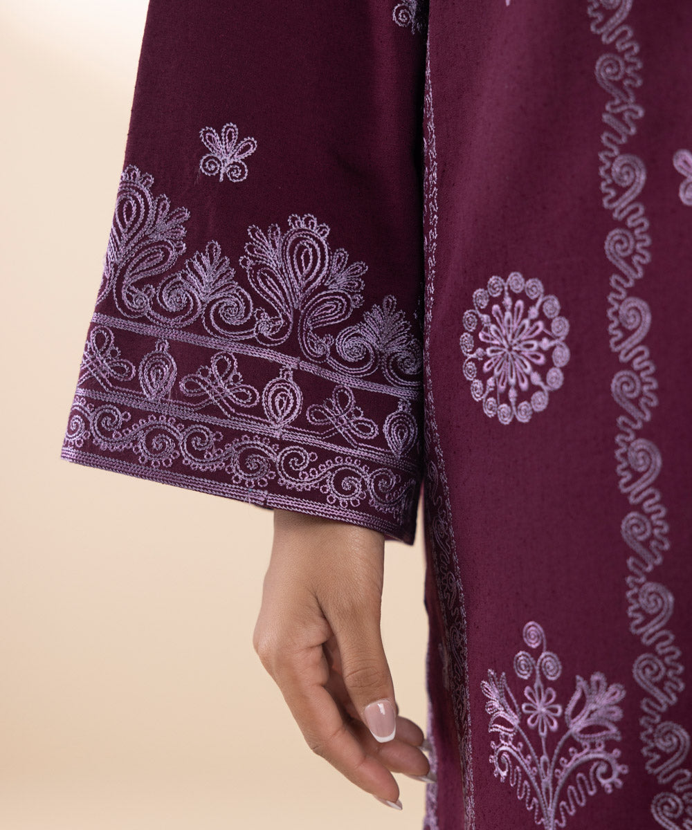 Women's Unstitched Cotton Karandi Embroidered Purple 3 Piece Suit