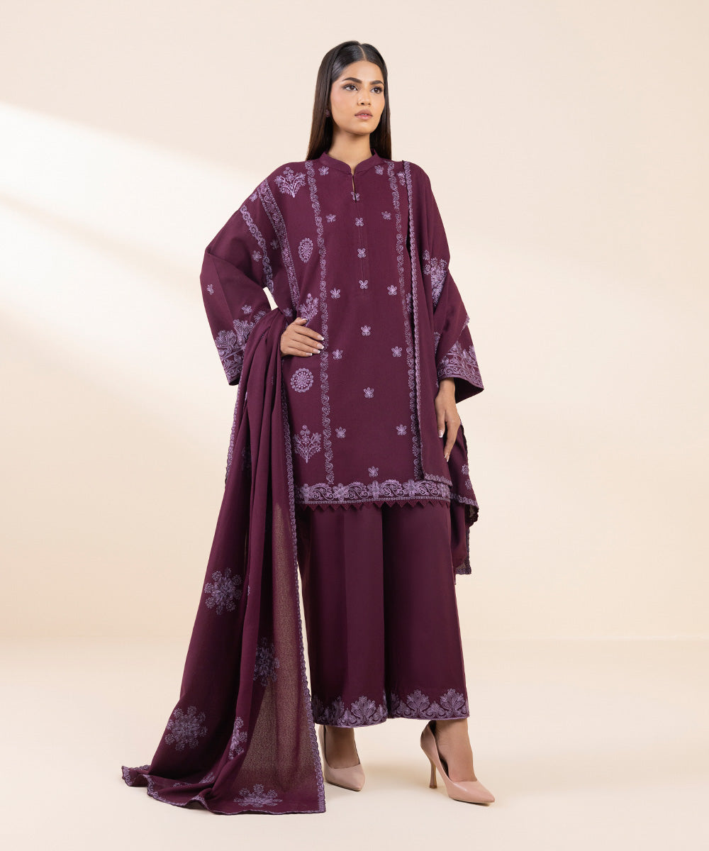 Women's Unstitched Cotton Karandi Embroidered Purple 3 Piece Suit