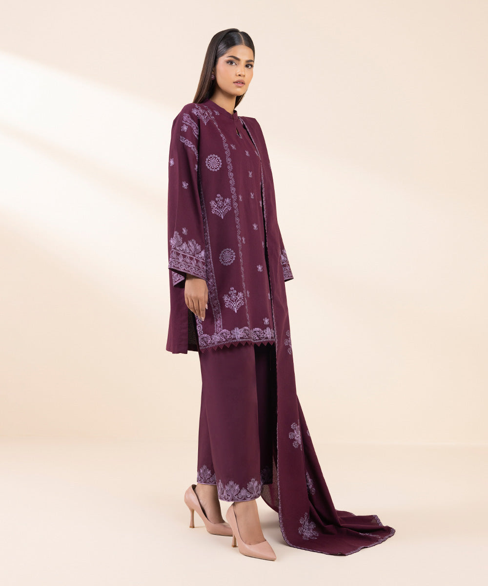 Women's Unstitched Cotton Karandi Embroidered Purple 3 Piece Suit