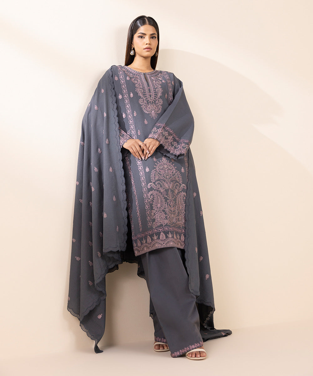 Women's Unstitched Cotton Karandi Embroidered Grey 3 Piece Suit