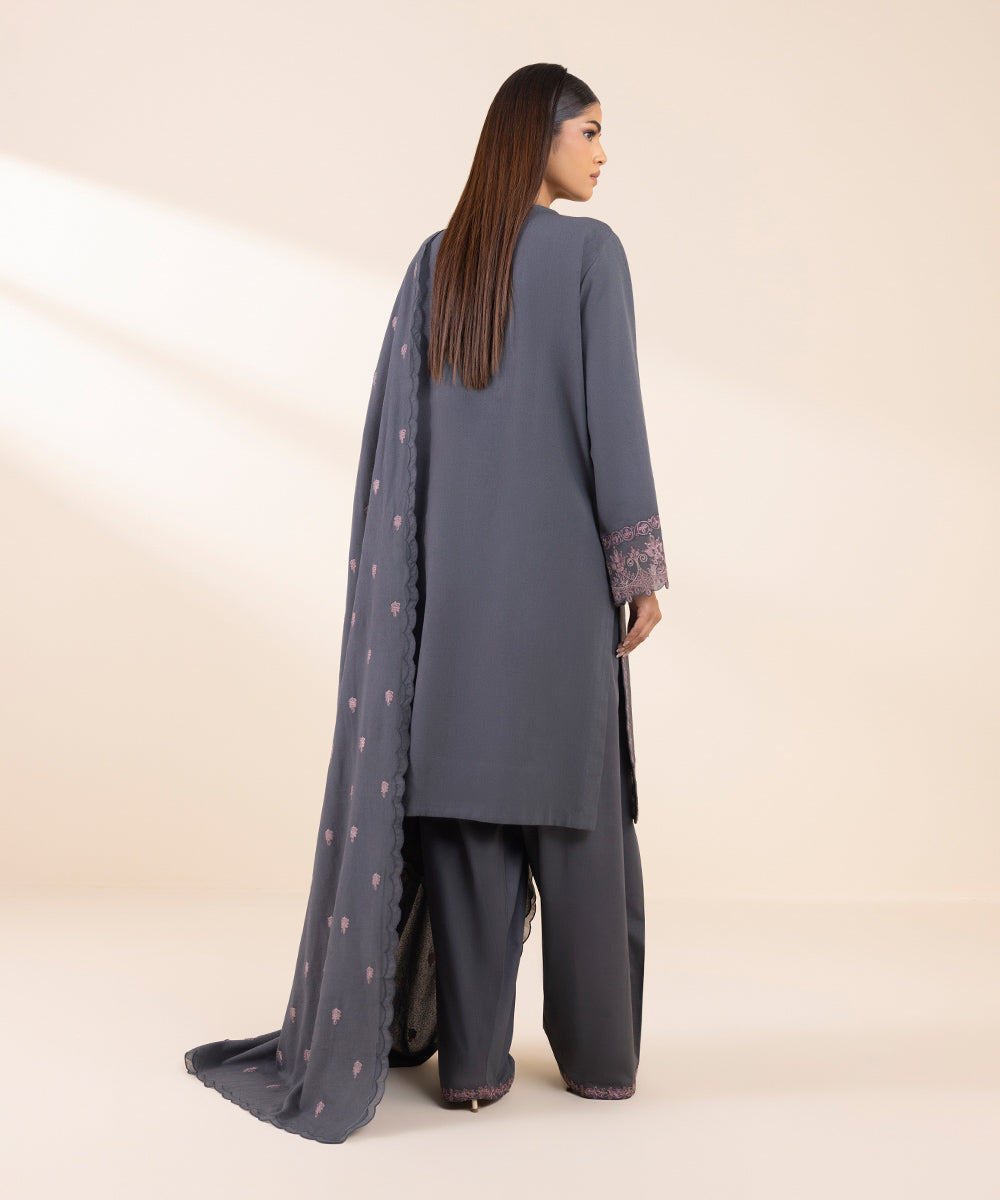 Women's Unstitched Cotton Karandi Embroidered Grey 3 Piece Suit