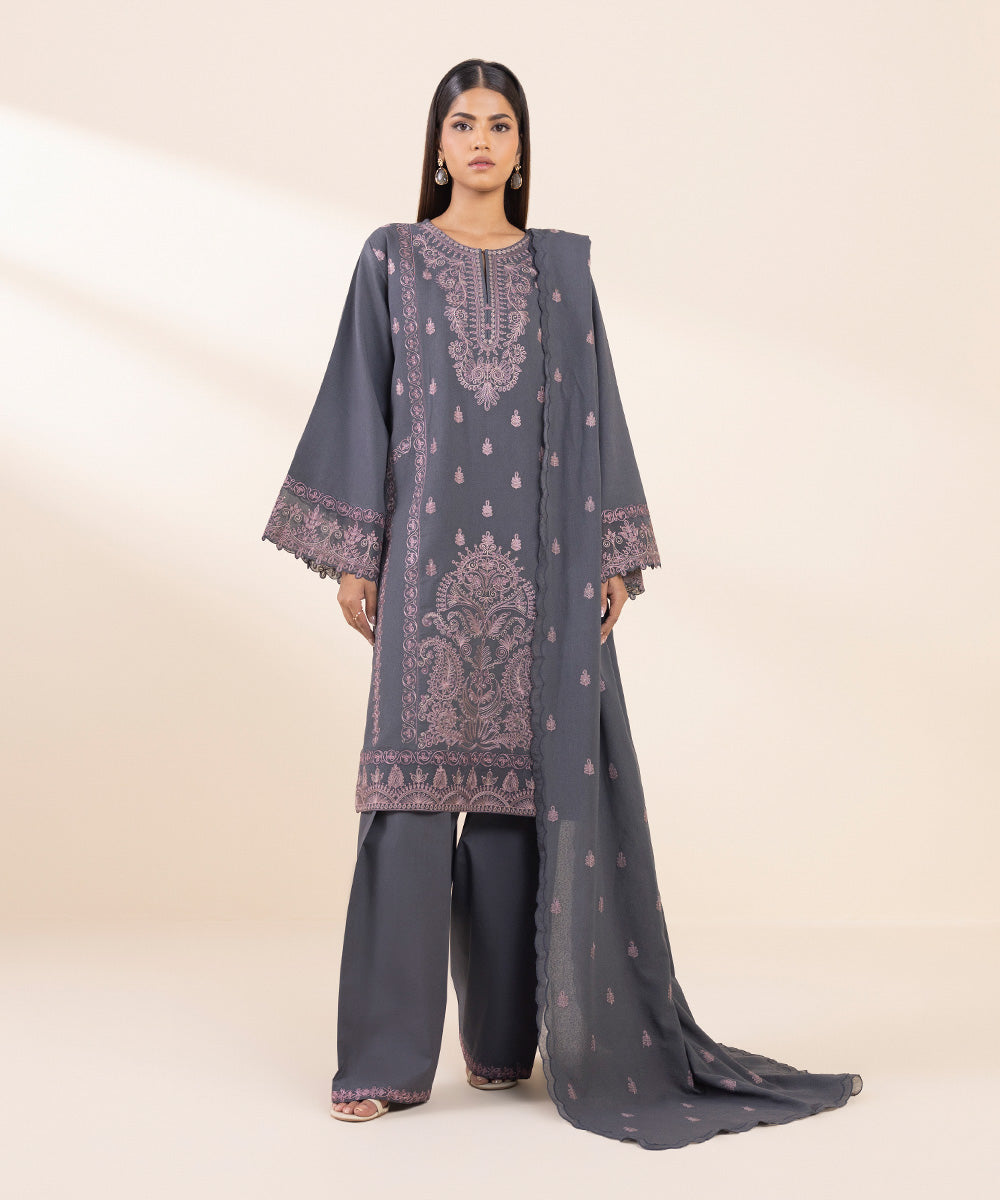 Women's Unstitched Cotton Karandi Embroidered Grey 3 Piece Suit