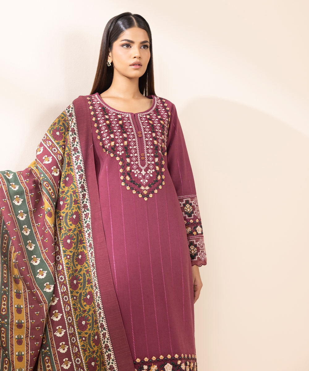 Women's Unstitched Cotton Karandi Embroidered Pink 3 Piece Suit