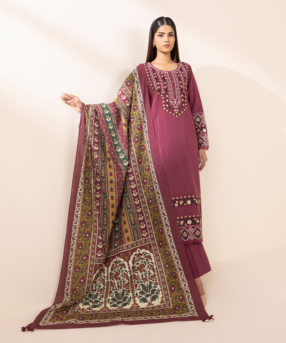 Women's Unstitched Cotton Karandi Embroidered Pink 3 Piece Suit