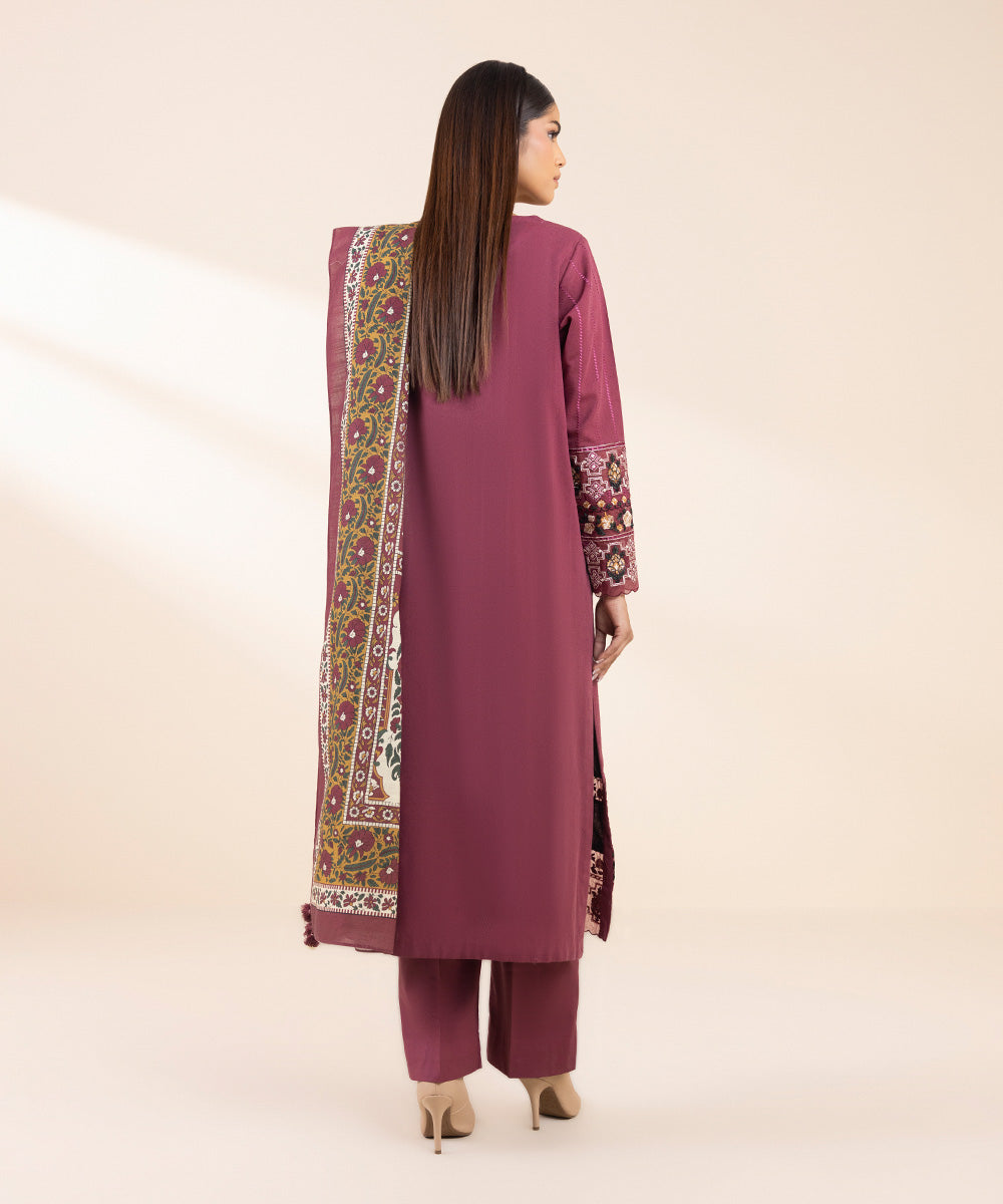 Women's Unstitched Cotton Karandi Embroidered Pink 3 Piece Suit