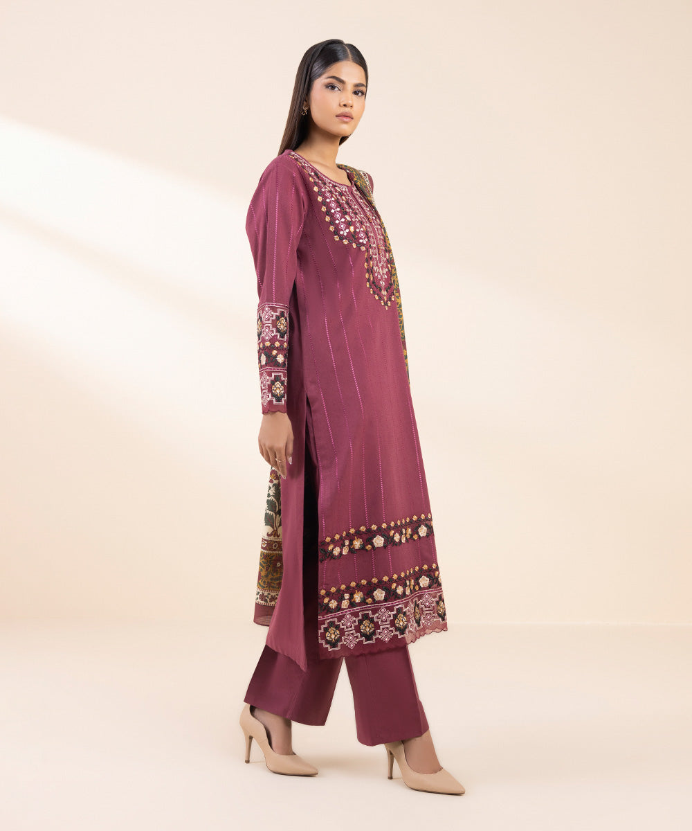 Women's Unstitched Cotton Karandi Embroidered Pink 3 Piece Suit