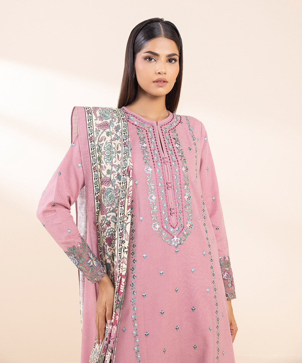 Women's Unstitched Cotton Karandi Embroidered Pink 3 Piece Suit