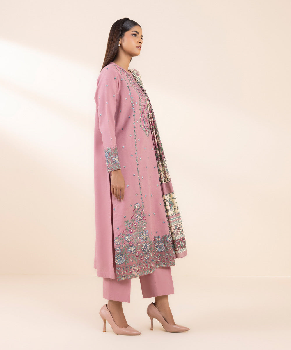 Women's Unstitched Cotton Karandi Embroidered Pink 3 Piece Suit