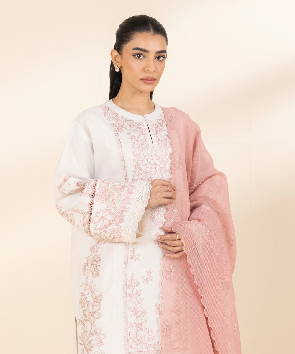 Women's Unstitched Dobby Embroidered Pink 3 Piece Suit