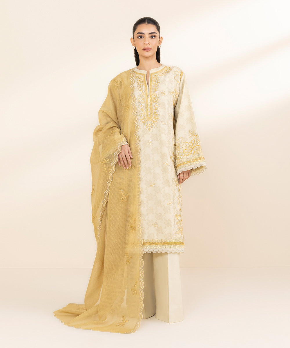 Women's Unstitched Cotton Jacquard Embroidered Beige 3 Piece Suit