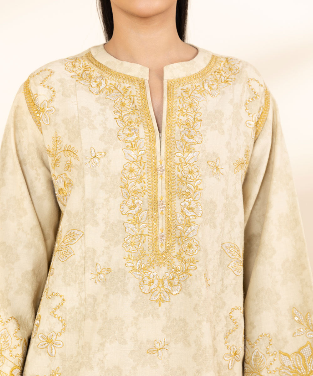 Women's Unstitched Cotton Jacquard Embroidered Beige 3 Piece Suit