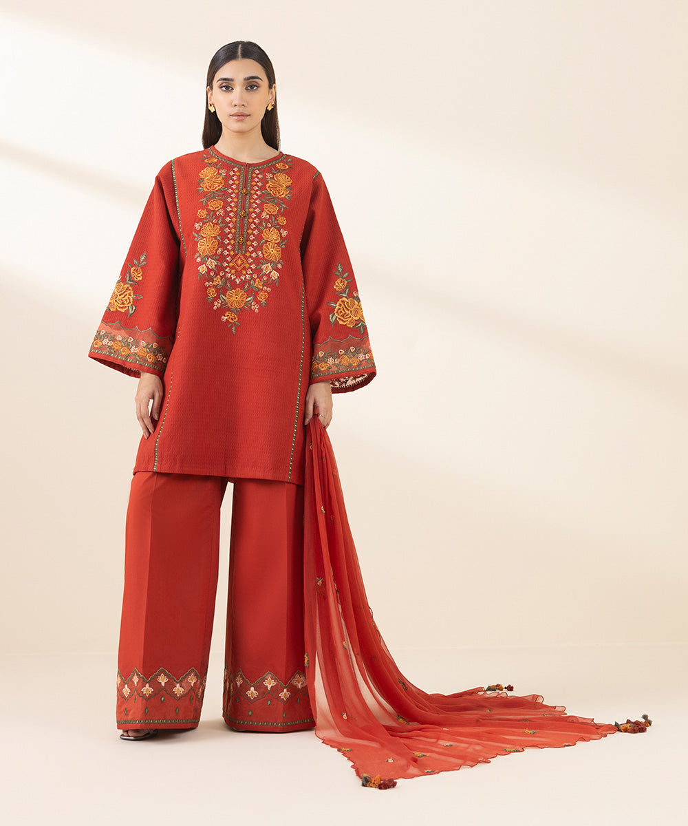 Unstitched Women's Embroidered Dobby Red Three Piece Suit 