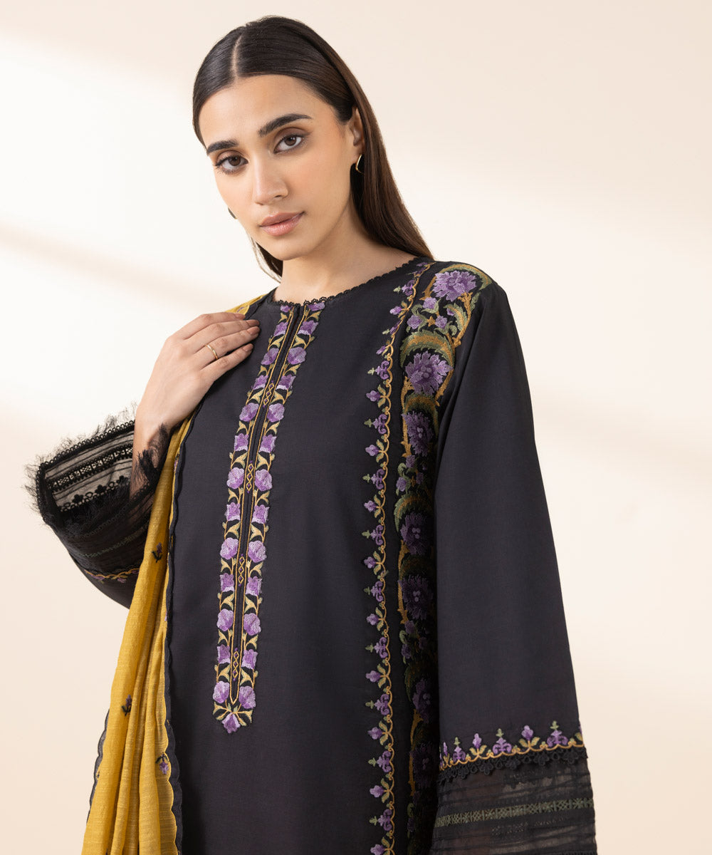 Unstitched Women's Embroidered Textured Lawn Black Three Piece Suit 