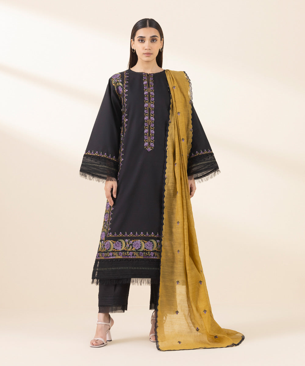 Unstitched Women's Embroidered Textured Lawn Black Three Piece Suit 