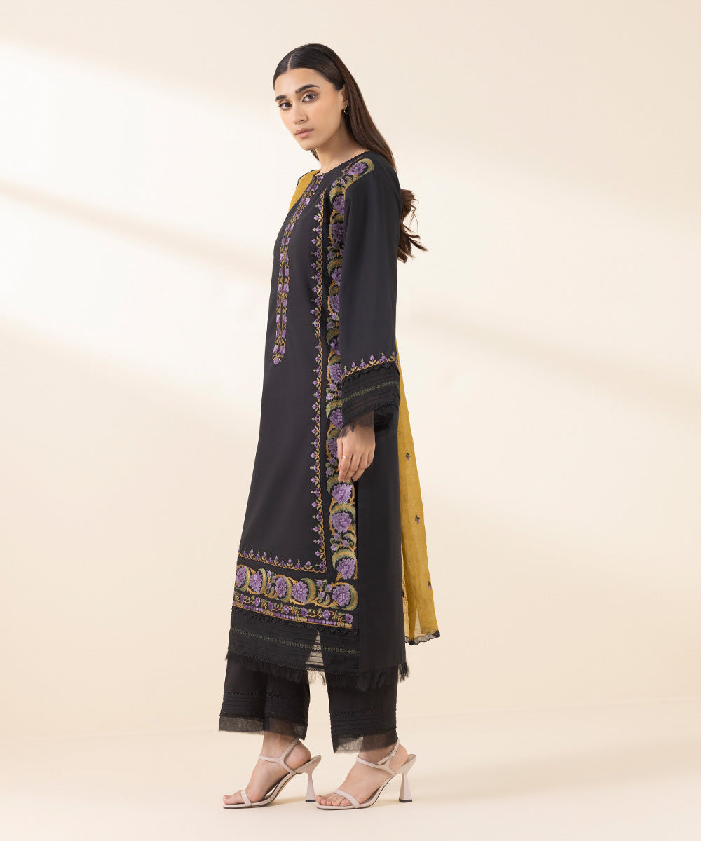 Unstitched Women's Embroidered Textured Lawn Black Three Piece Suit 