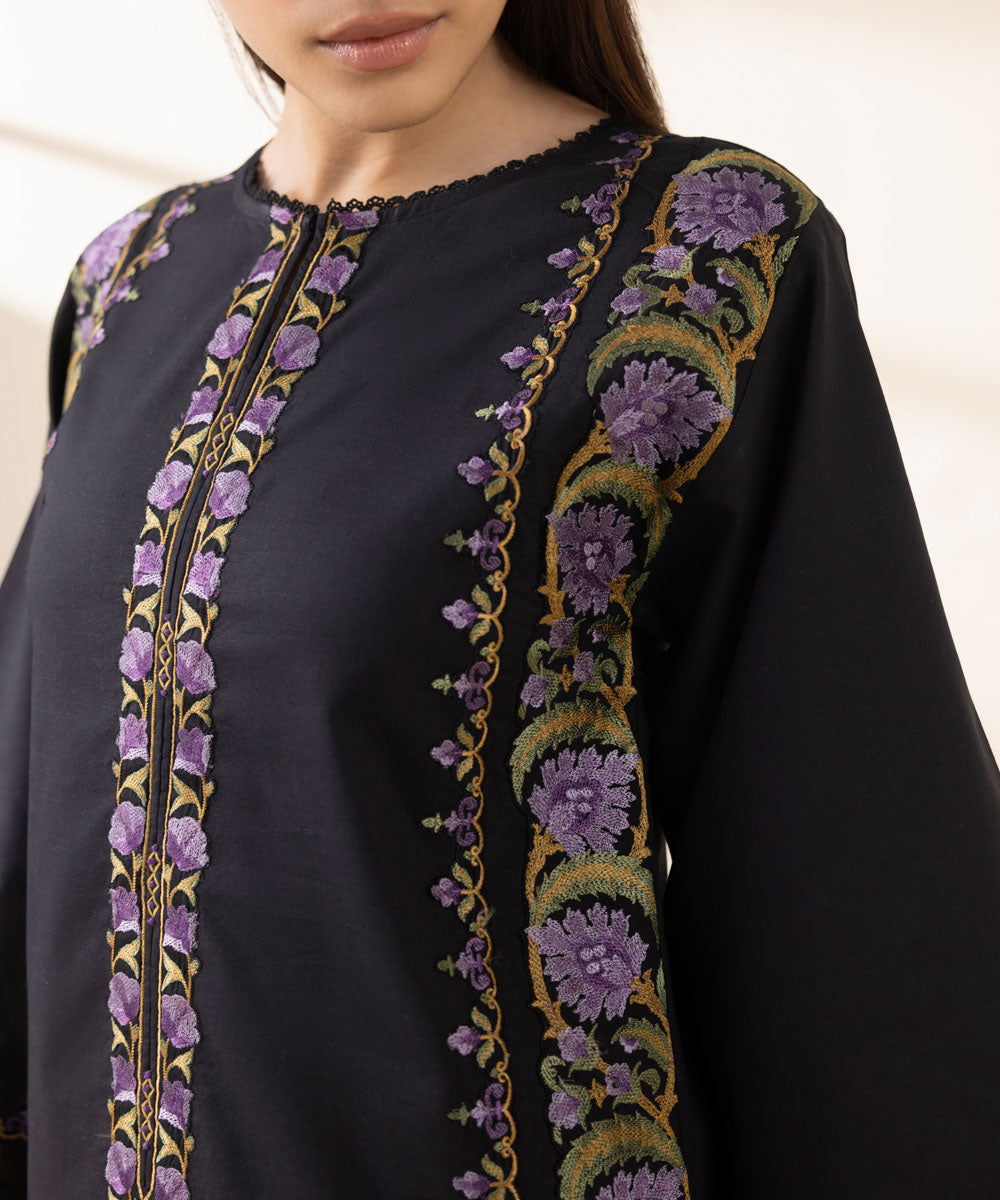 Unstitched Women's Embroidered Textured Lawn Black Three Piece Suit 