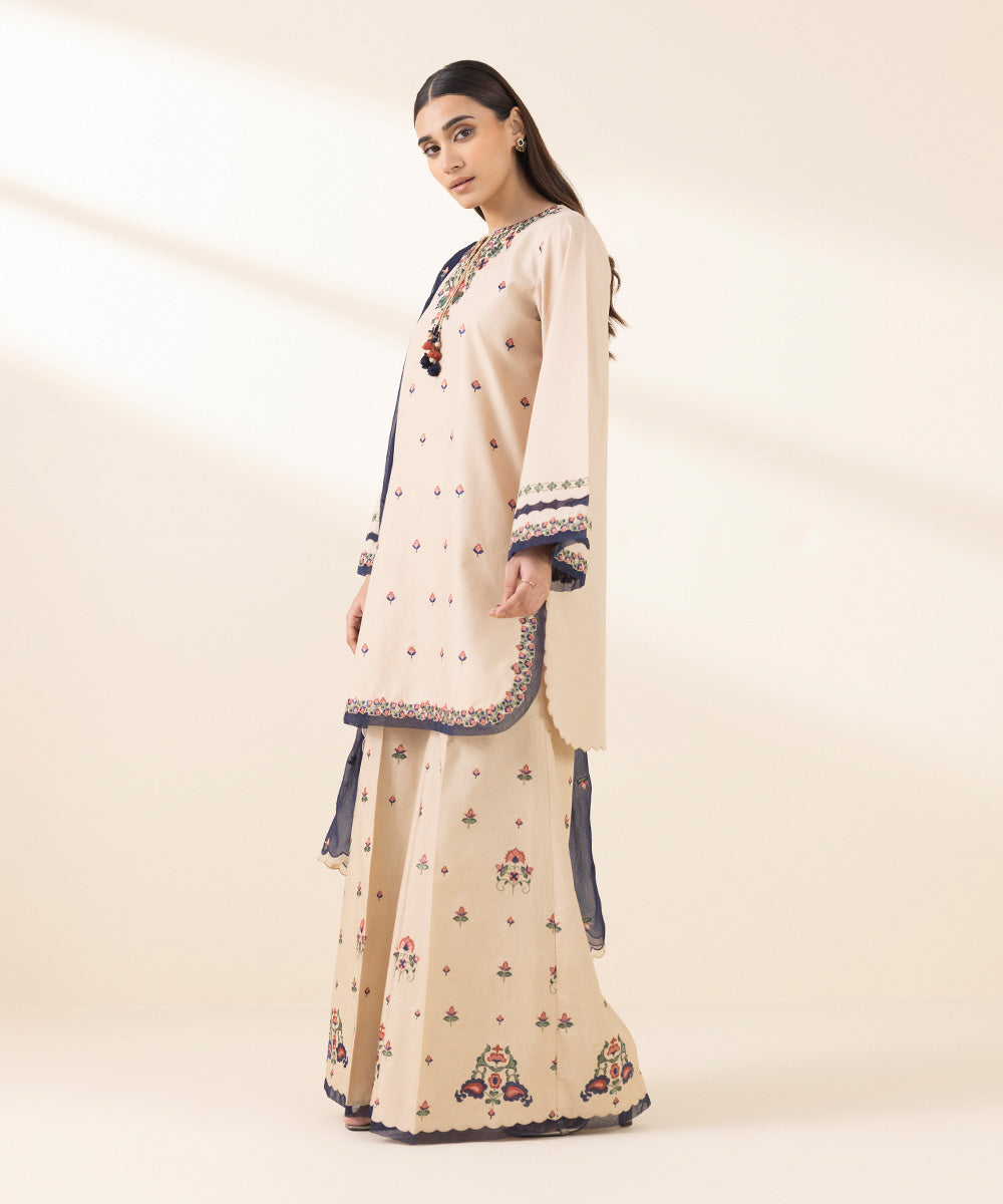 Unstitched Women's Embroidered Textured Lawn Beige Three Piece Suit 