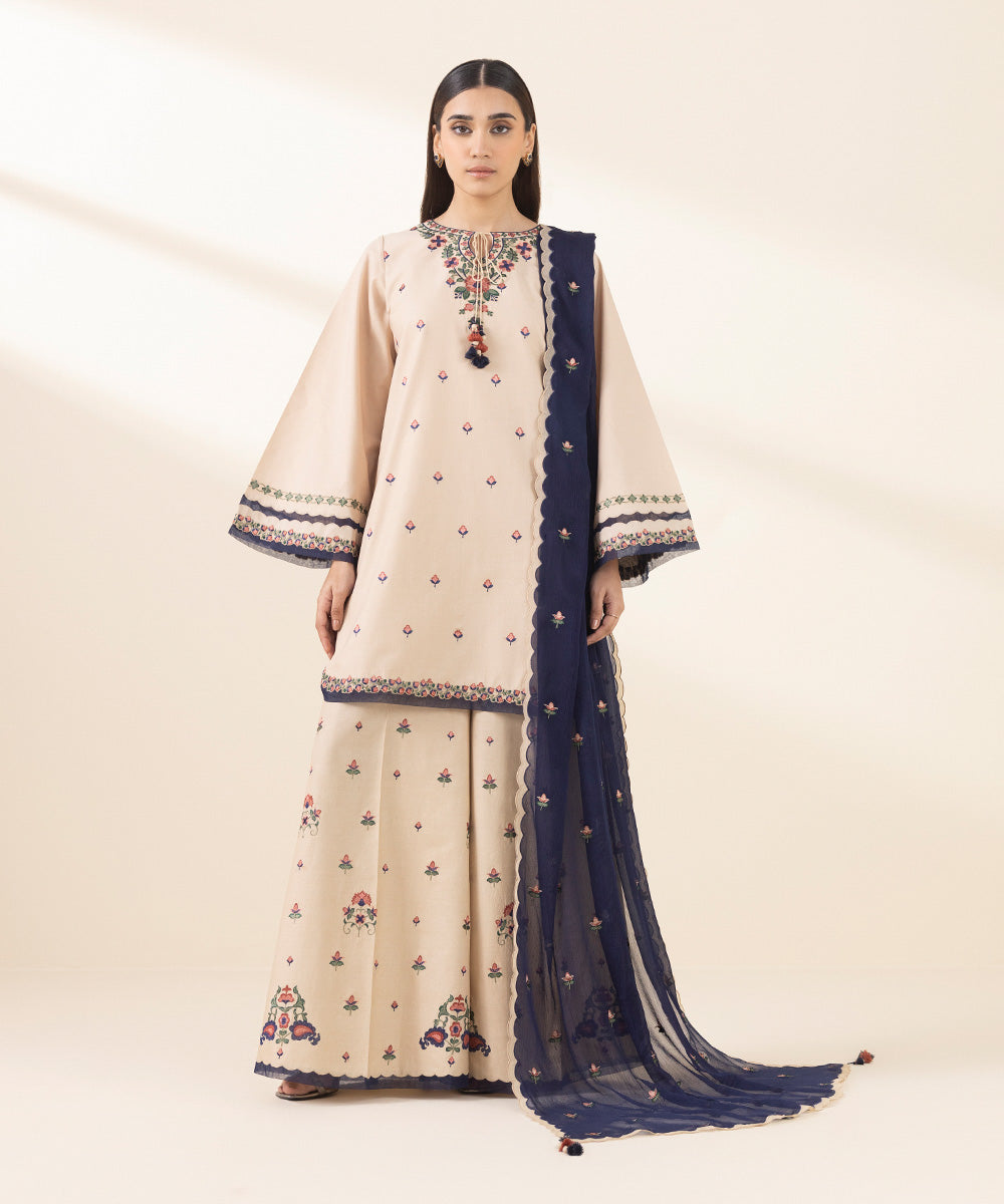 Unstitched Women's Embroidered Textured Lawn Beige Three Piece Suit 