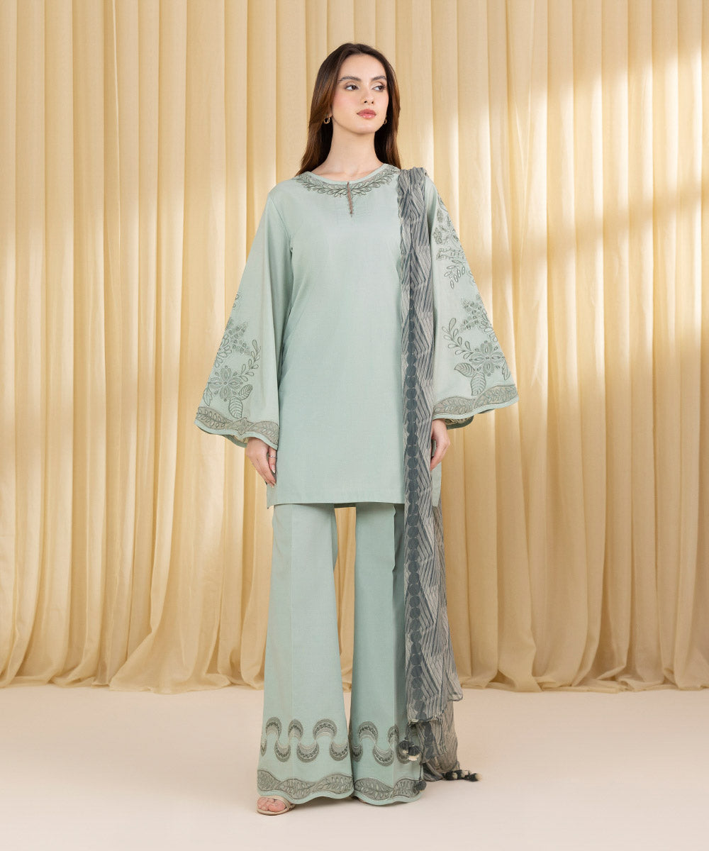 Unstitched Women's Green Dobby 3 Piece Suit