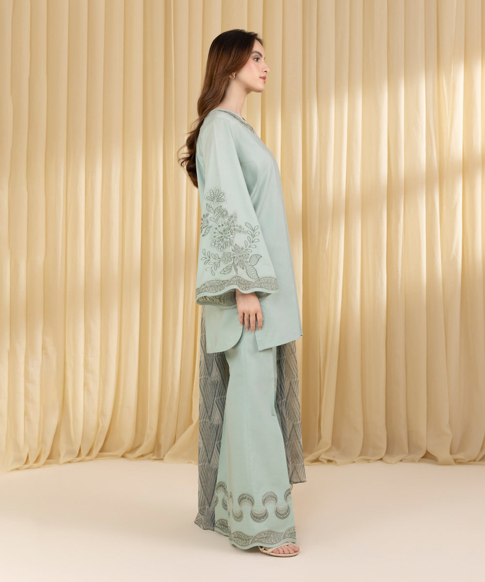 Unstitched Women's Green Dobby 3 Piece Suit