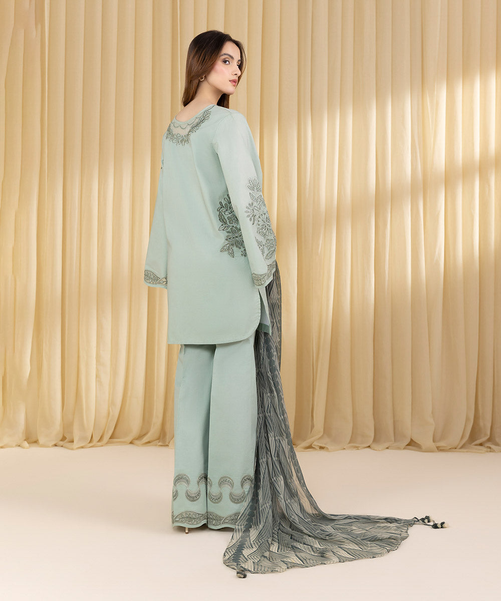 Unstitched Women's Green Dobby 3 Piece Suit