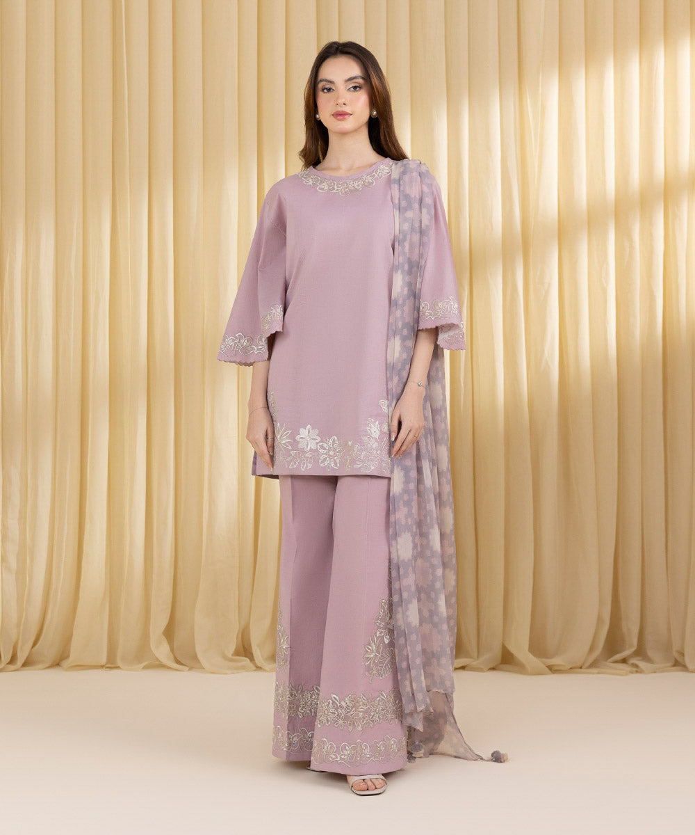 Unstitched Women's Pink Cotton Jacquard 3 Piece Suit