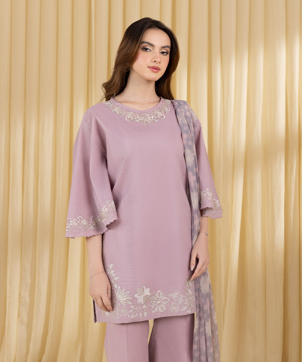 Unstitched Women's Pink Cotton Jacquard 3 Piece Suit