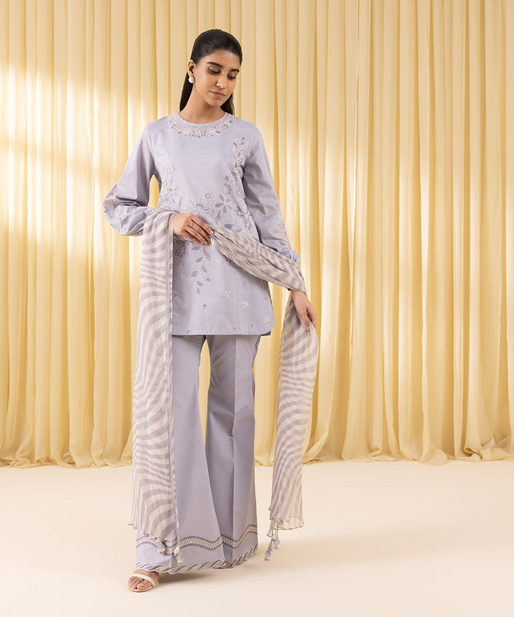 Unstitched Women's Blue Cotton Jacquard 3 Piece Suit
