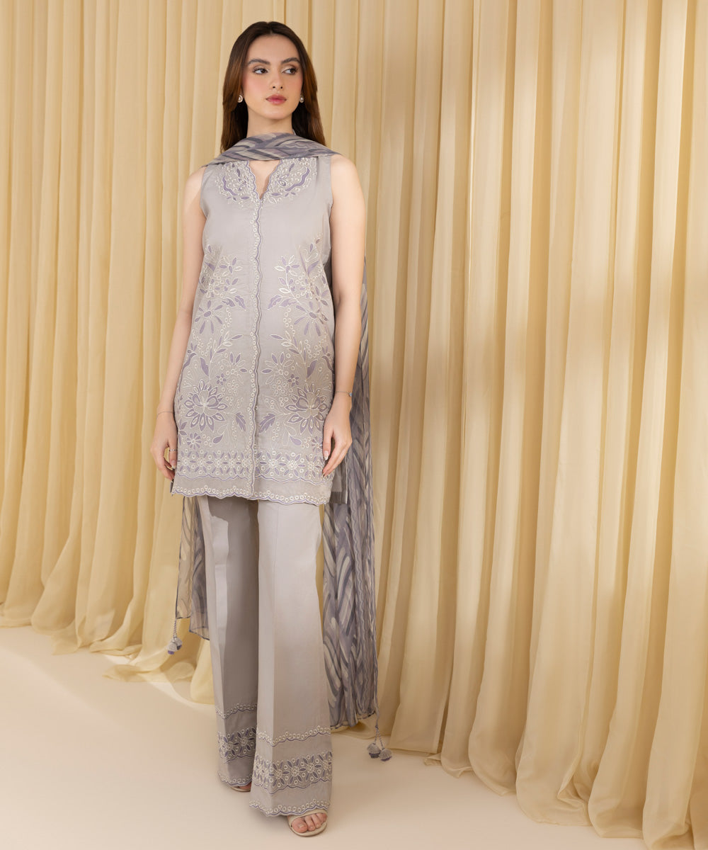 Unstitched Women's Grey Cotton Jacquard 3 Piece Suit