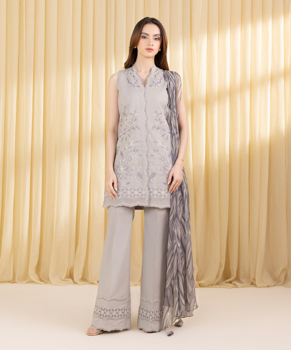 Unstitched Women's Grey Cotton Jacquard 3 Piece Suit