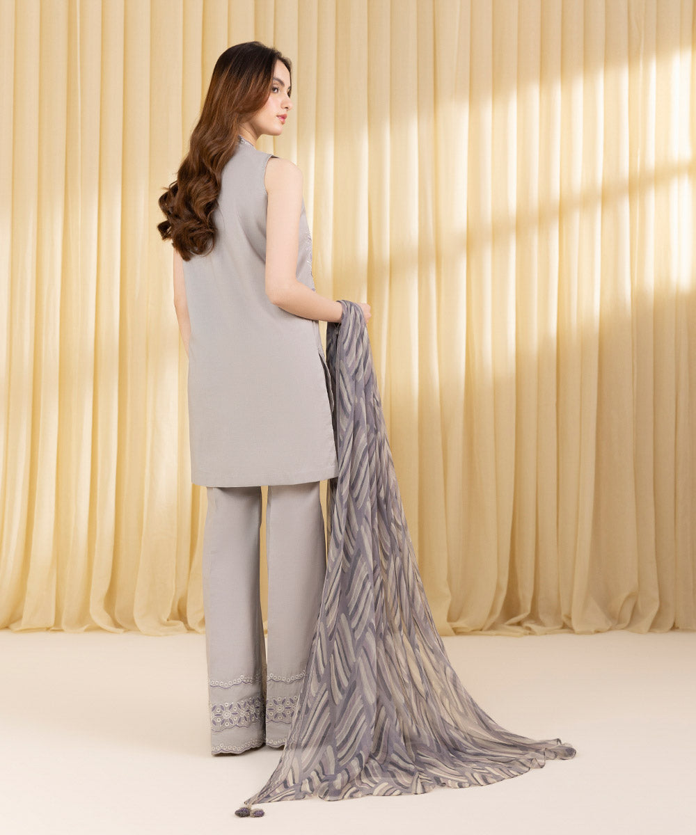 Unstitched Women's Grey Cotton Jacquard 3 Piece Suit