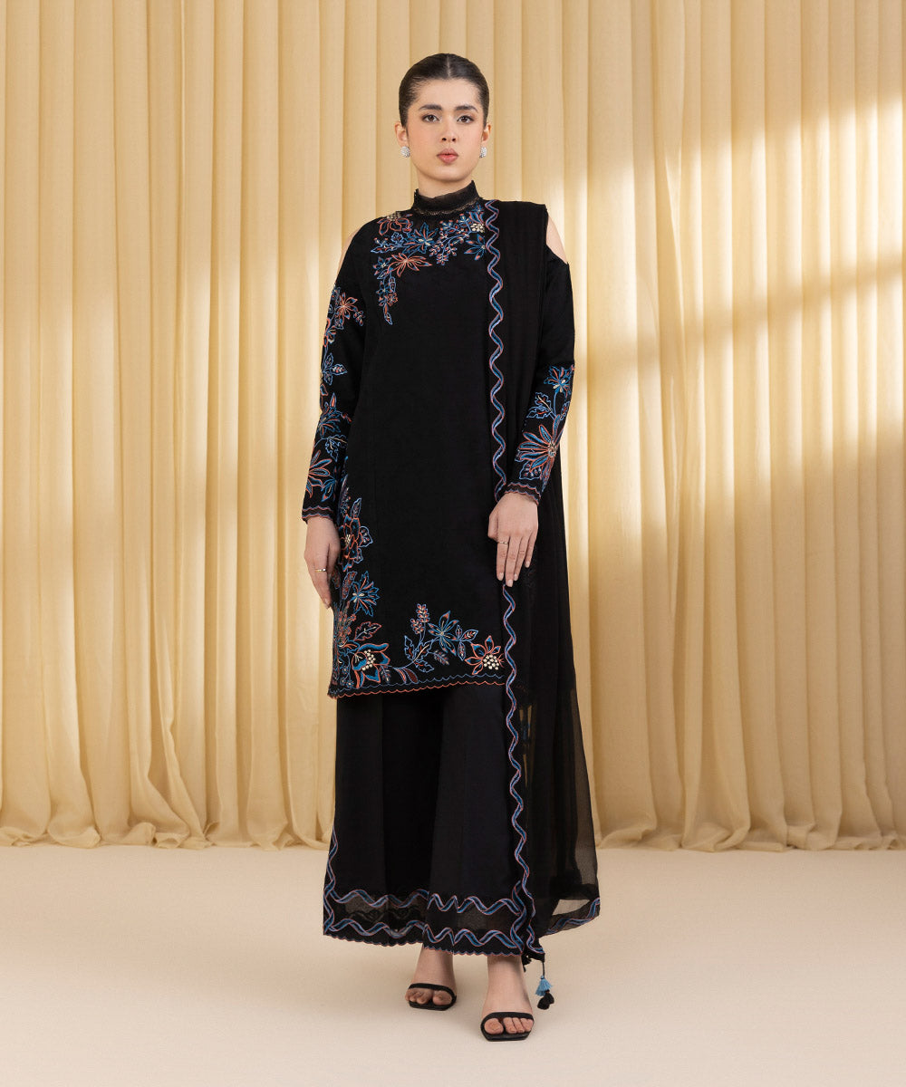 Unstitched Women's Black Cotton Jacquard 3 Piece Suit