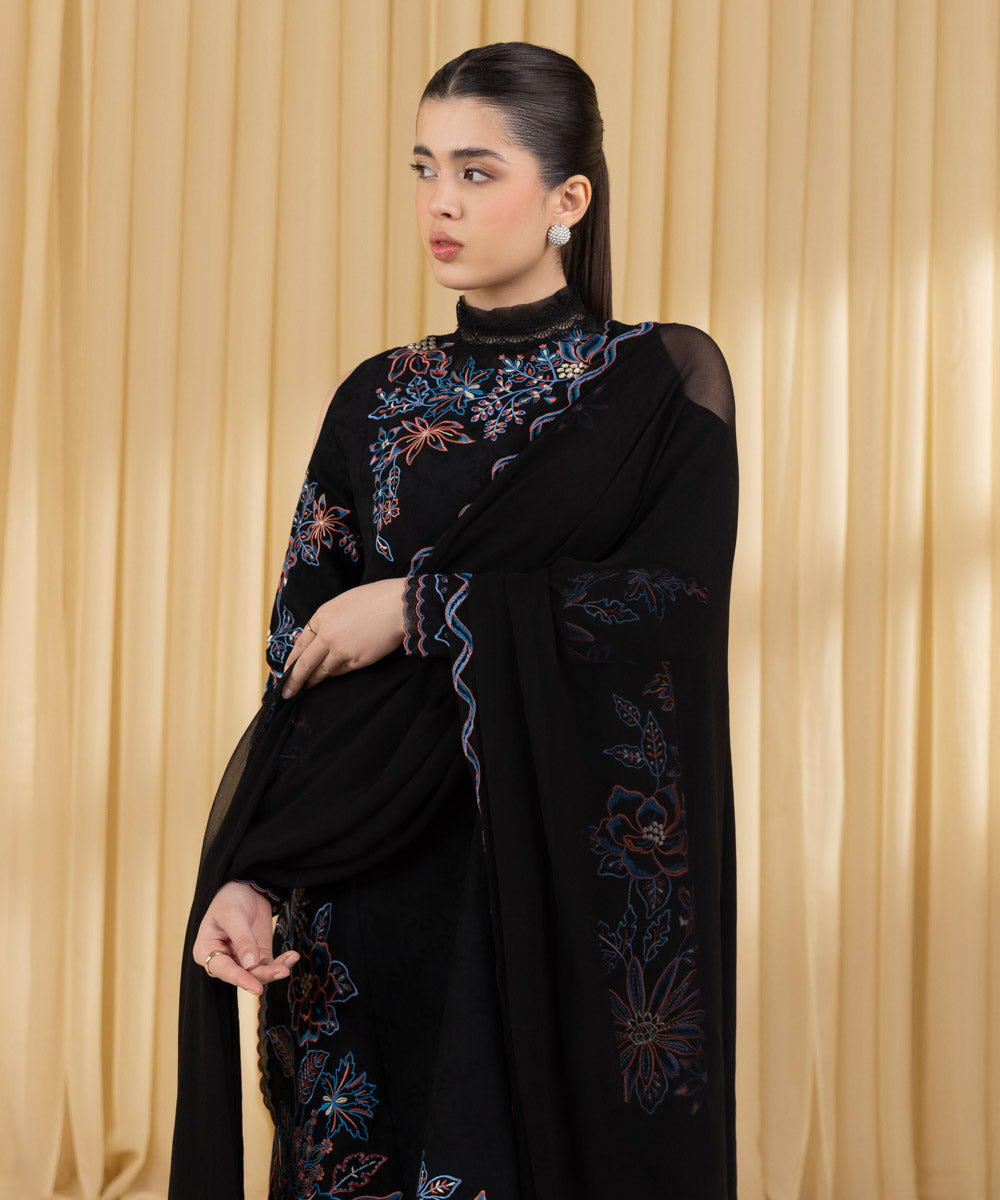 Unstitched Women's Black Cotton Jacquard 3 Piece Suit