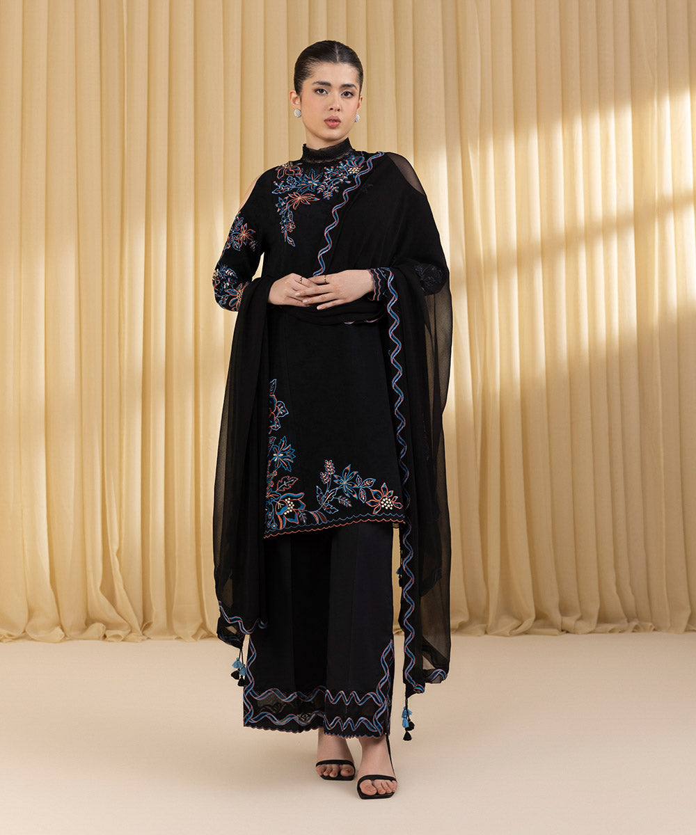 Unstitched Women's Black Cotton Jacquard 3 Piece Suit