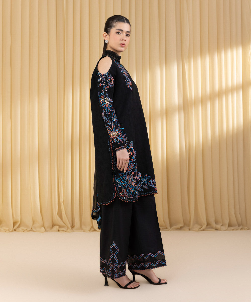 Unstitched Women's Black Cotton Jacquard 3 Piece Suit