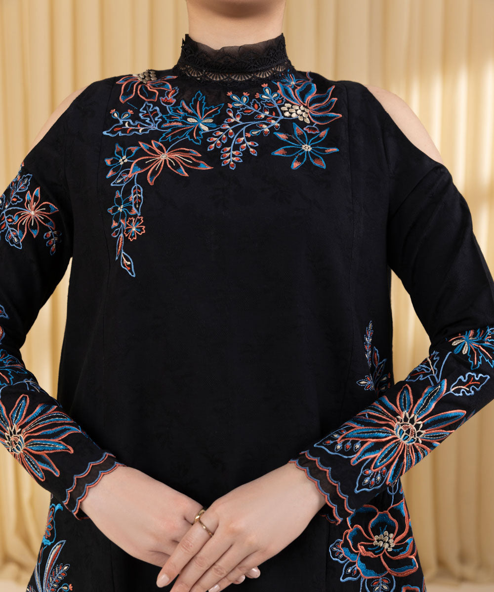 Unstitched Women's Black Cotton Jacquard 3 Piece Suit