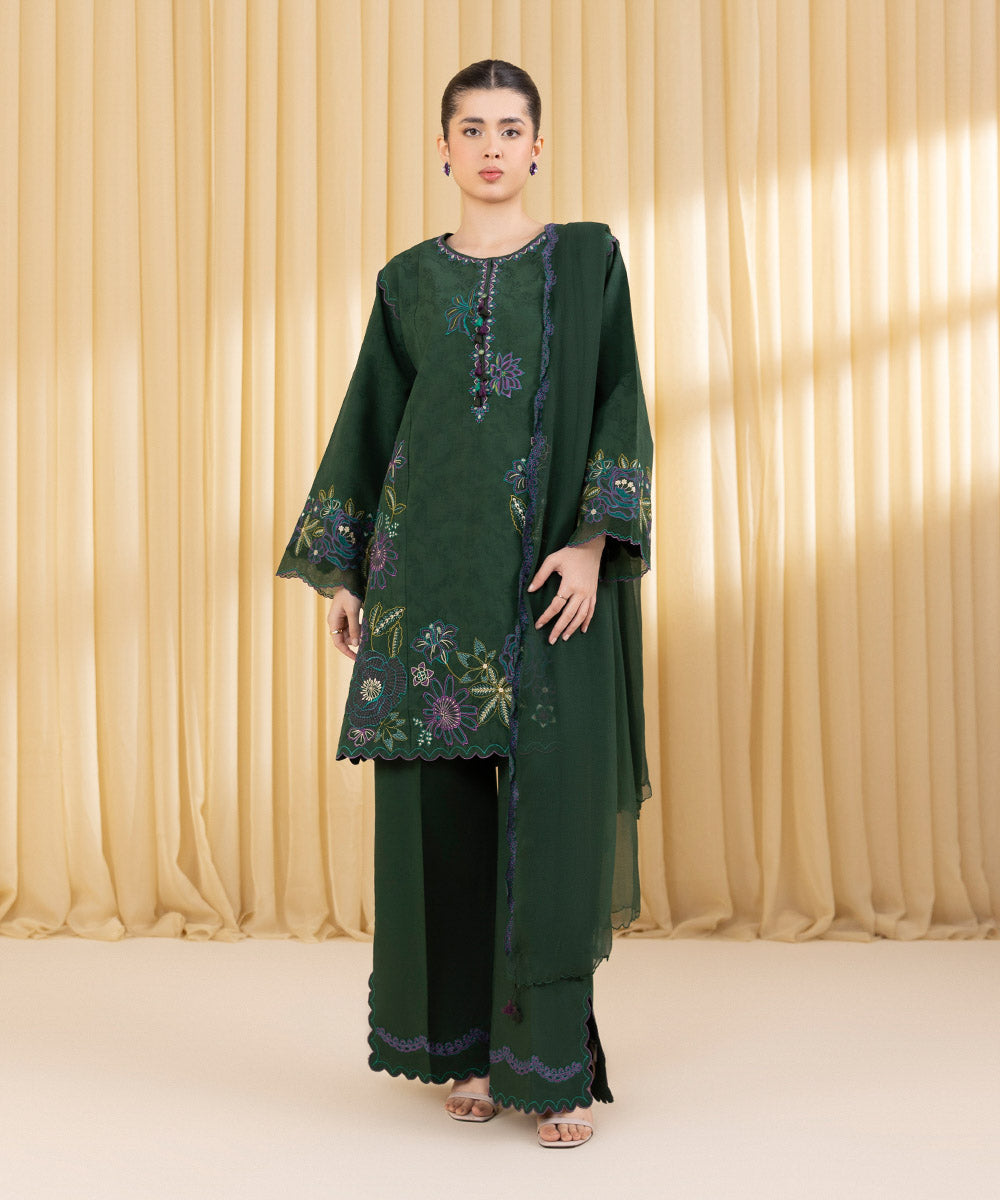 Unstitched Women's Green Cotton Jacquard 3 Piece Suit